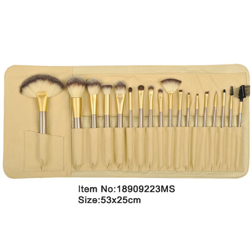 18pcs golden plastic handle animal/nylon hair makeup brush tool set with yellow satin case