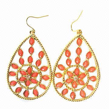 Yellow Gold Pear-shaped Casting Alloy Earrings, Made of Deep Coral Flat Marquise Acrylic Beads