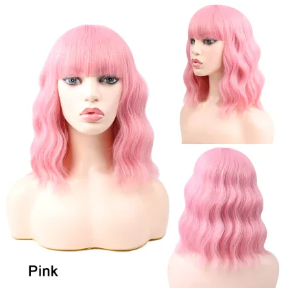 Cute Realistic High Quality Water Wave Short Best Curly Synthetic Bob Cosplay Cheap Pink Paula Young Wigs With Bangs For Women