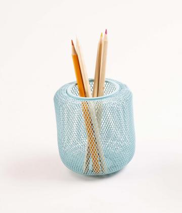 Wire Metal Mesh Desk Organizer Blue Pen Holder