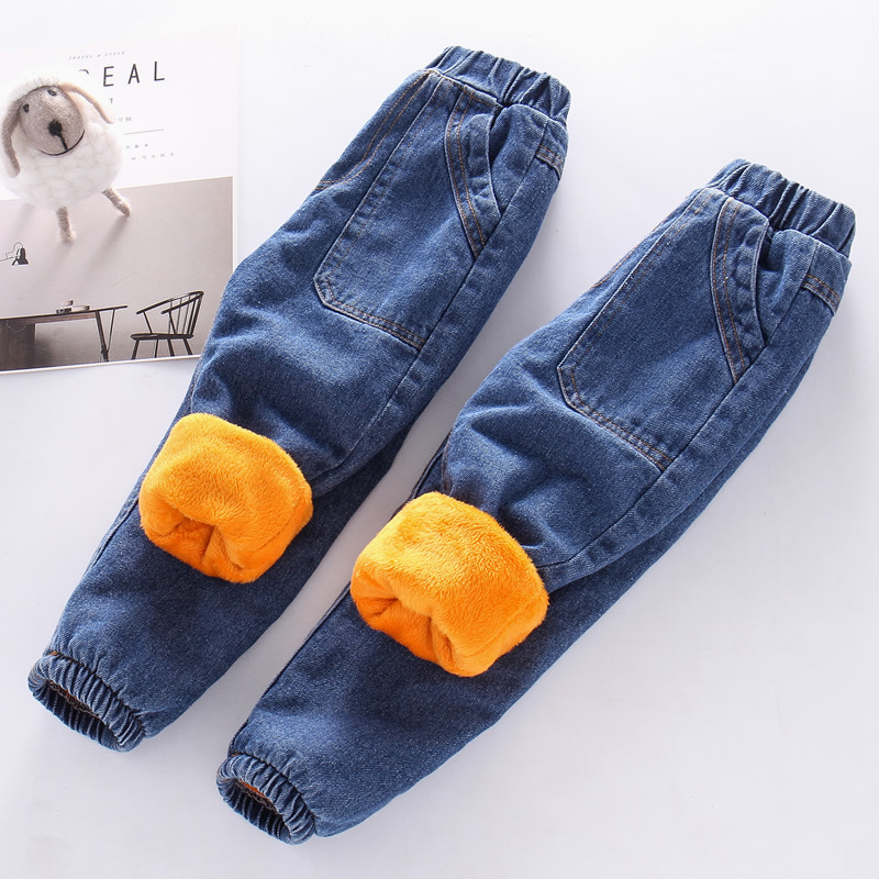 Trousers for Boys Girls Jeans Winter New Children Warm Thermal Add Wool Trousers Kids Thicken Plus Velvet Denim Pants