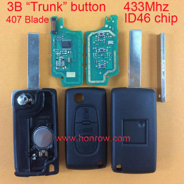 Newest Peugeot 3 button 433mhz ID46 chip flip remote key with groove HU83 407 Blade and Trunk button