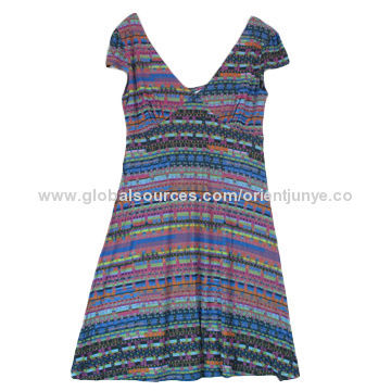 Women's Sleeveless Dress in Deep V-neck, Made in All-over Digital Printed Jersey