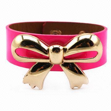 Fashionable PU leather bangle with bow knot and snap closure, OEM orders are welcome
