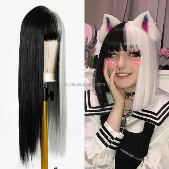 Best Selling Black Gray Colorful Long Part Wig with Bangs Synthetic Hair Straight 26 Inch Cosplay Wig For Party