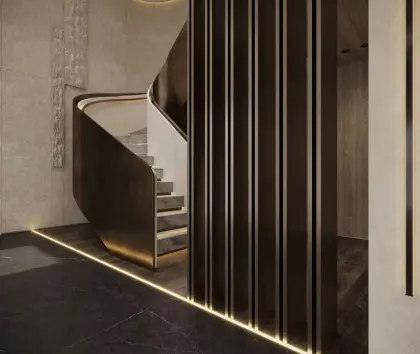 spray paint golden color Marble tread Curved Staircase