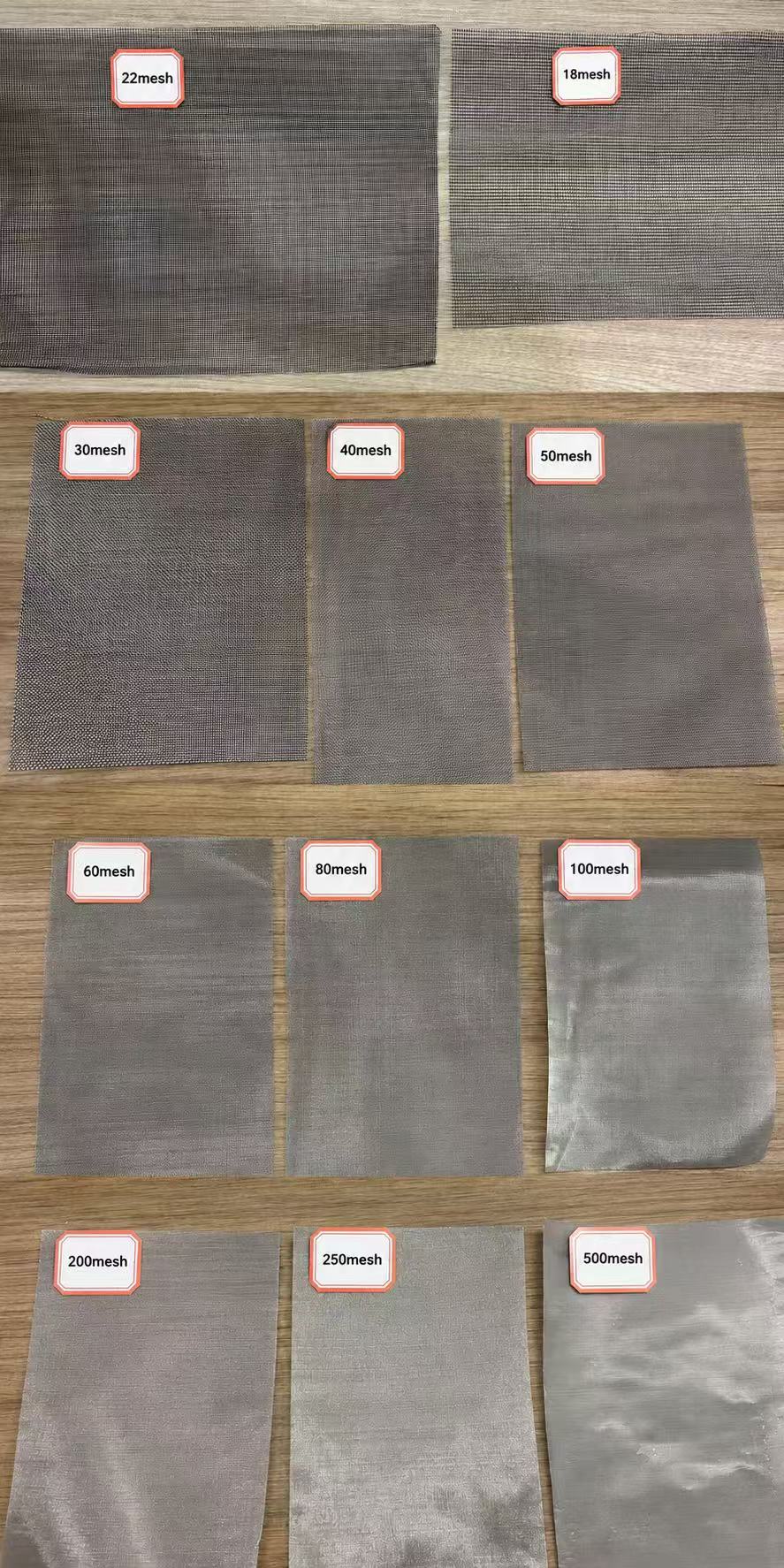 ANJIA Group multi-specification stainless steel woven wire mesh sample card showing 18-500 mesh filter screen