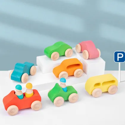 Rainbow Cars: A Set of 7 Educational Wooden Mini Vehicles - Stacking Toys for Children