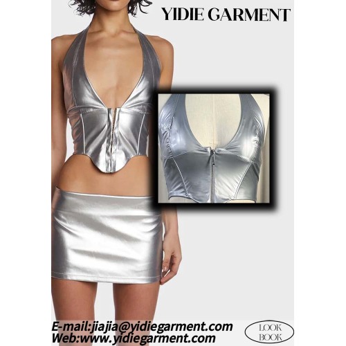 100% PU Stretch Silver Corset Halter Neck Top