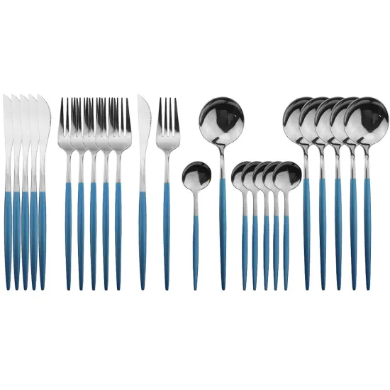 24Pcs/set Dinnerware Silverware Flatware Set Blue Silver Cutlery Set 18/10 Stainless Steel Dinner Knife Fork Spoon Dropshipping
