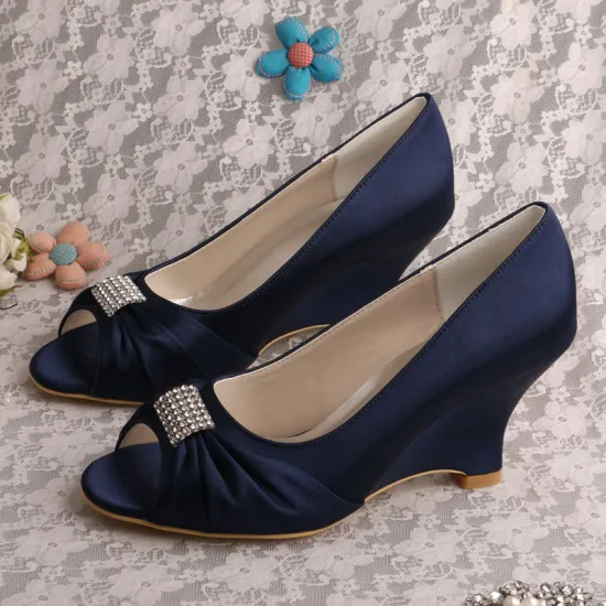 Peep Toe Wedding Wedge Heel Navy Satin Shoes