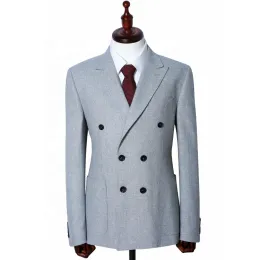 Men's High Quality Woolen Double Breasted Slim Fit Business Suit High Button Decoration