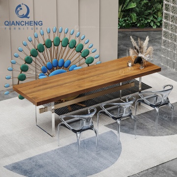 Moderne minimalistische dikke houten plak eettafel ingesteld voor OEM SS stalen thuismeubilair