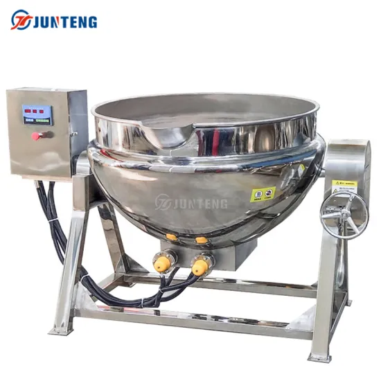 Industrial Cooking Pot: 100L Steamer Kettle with Gas and Electric Options, featuring a Mixer and Oil Jacketed Design