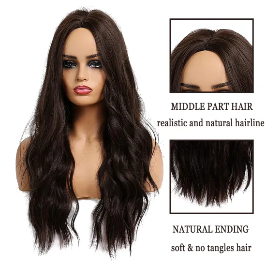 Wholesale dark brown black wig with bangs synthetic black hair wig women's long wave wig heat-resistant natural waves everyday