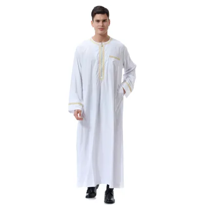 Maxi Muslim Male Embroidered Long Sleeve Kaftan Abaya Islamic Muslim Arabian Men Clothing Thobe Thawb