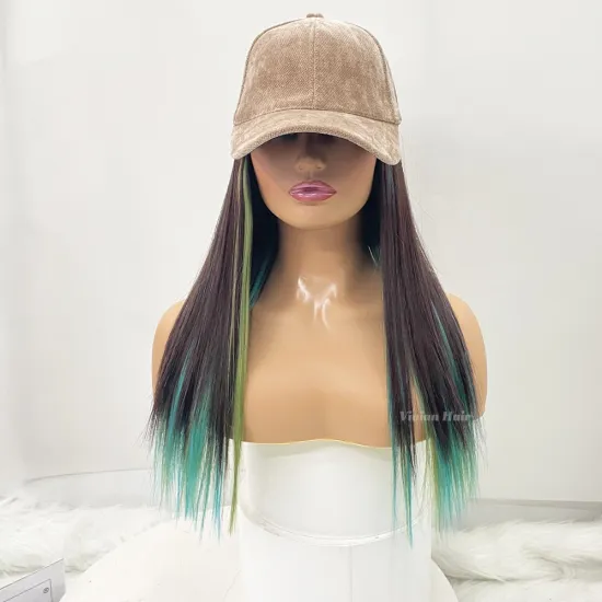 Wholesale High-Quality Vivian Hair: Fashionable Baseball Hats & Long Straight Highlight Blue Wig Caps with Human-Feeling Hair