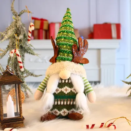 Xmas Decorations: Unique Rudolph Antlers Gnome and Faceless Elderly Doll Tabletop Figures