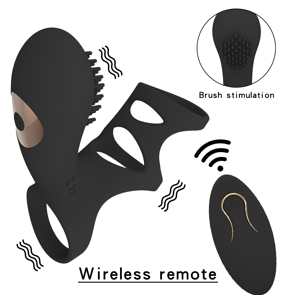 Triple Ring Vibrating Cock Ring With Stimulating Brush Head