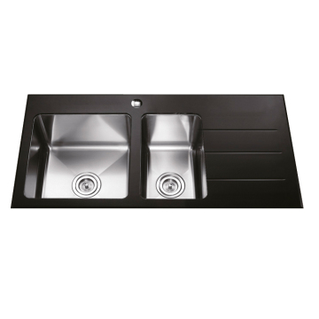 CE Approved Black Tempered Glass Double Kitchen Sink with Drainboard
