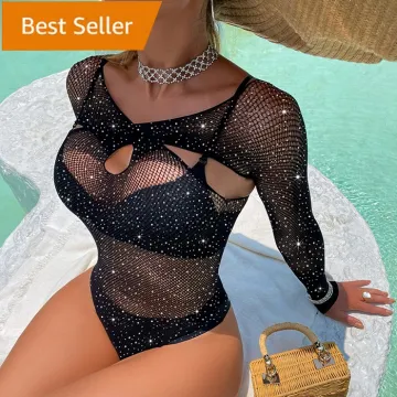 Women's Sexy Rhinestone Shine Long Sleeved Sheer Mesh Lingerie Bodysuit