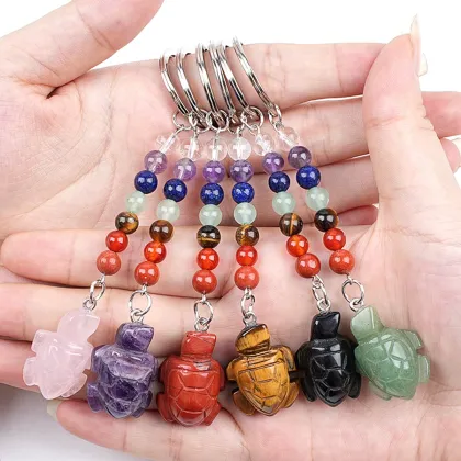 Natural Stone Carved Turtle 7 Chakra Pendant Charm Keychains Gemstone Turtle Pendant Keyring Crystal Turtle Keychain Bag Tags