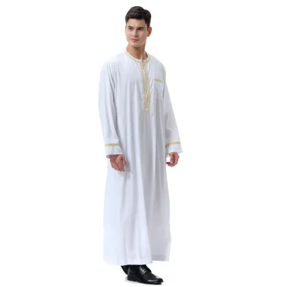 Maxi Muslim Male Embroidered Long Sleeve Kaftan Abaya Islamic Muslim Arabian Men Clothing Thobe Thawb