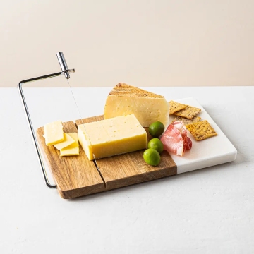 Acacia and Marble Cheese Board with Wire Slicer - Perfect for Cheese Lovers