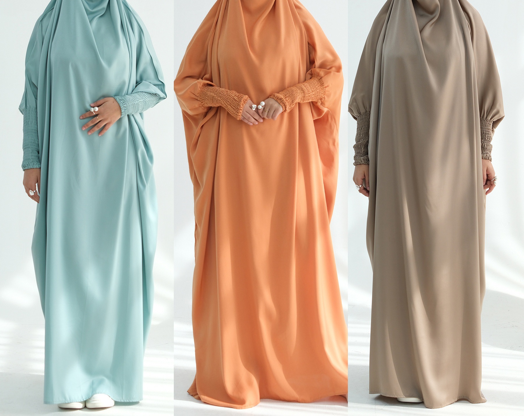 Velvet Satin Prayer Abaya Smocked Sleeve Detail