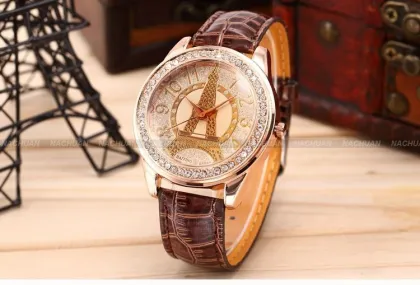 Eiffel Tower Leather Womens Wrist Watches Crystal Brown , Bronze Case Watches
