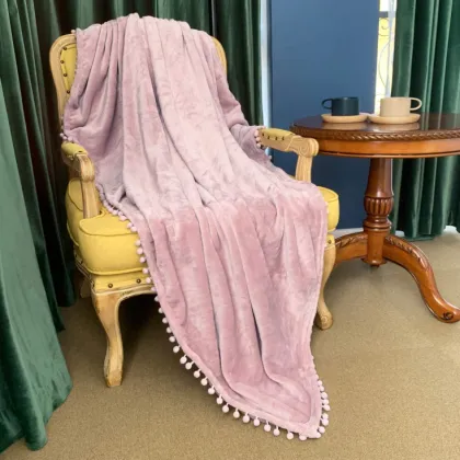 Amazon Popular Pompom Blanket Soft Warm Flannel Coral Fleece Gift Throw Blanket with Pompom Fringe