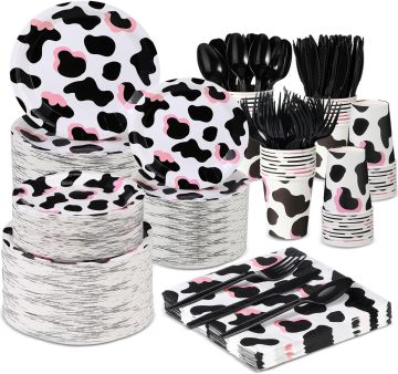 350pcs Pink Cow Print Party Supplies Set - Cow Themed Plates, Napkins & Cups for 50