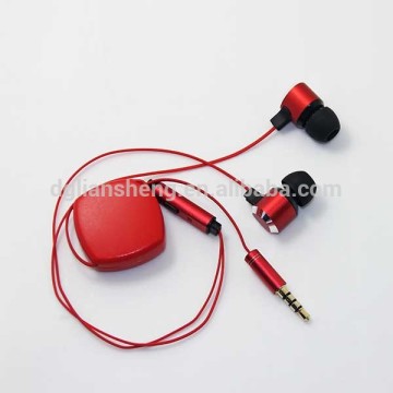 Red metal retractable earpiece with mic square retractable earphones with rubber painting