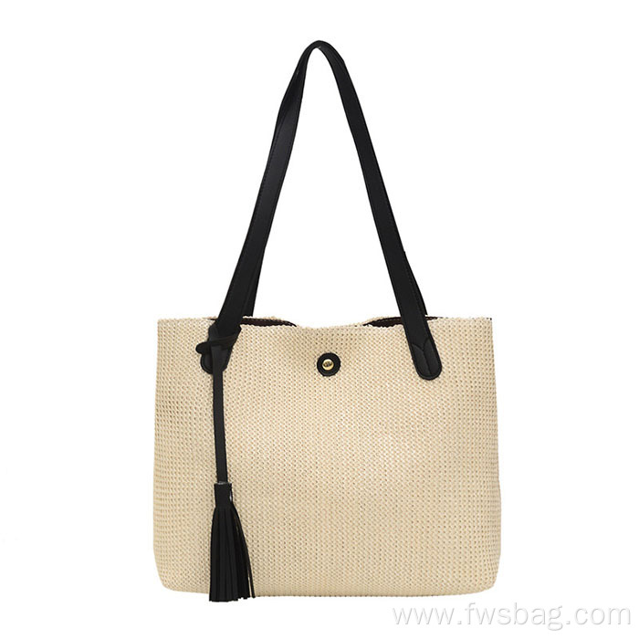 New retro casual foldable corduroy straw tote bag weaving shoulder bag handwoven purse for daily use