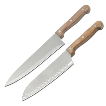 Stainless Steel 7in Santoku & 8in Chef Knife Set with Wooden Handles