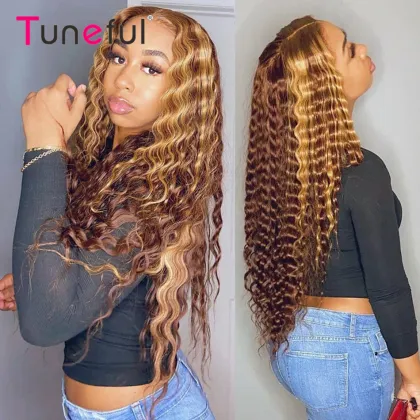 13x4 Pre Plucked Straight Brown and Blonde Highlight Human Hair Wig Blonde Highlighted Wigs Blonde Highlight Wig Lace Front