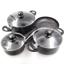 Master Star High Quality 7Pcs Cookware Set Black Granite Fry Pan Souce Pot Milk Pot Glass Cover Non-stick Induction&Gas Cooker