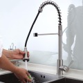 Pull down flexible spring brass water mixer tap stainless steel brushed kitchen sink faucet
