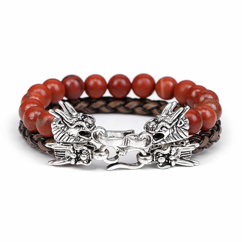 Perles rondes de pierre précieuse de 8 mm avec bracelet en cuir à tête de dragon plaqué en argent