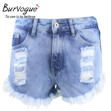 Burvogue Latest Sexy Fashion Stretch Women Hole High Waist Denim Shorts Ripped Jeans Wholesale