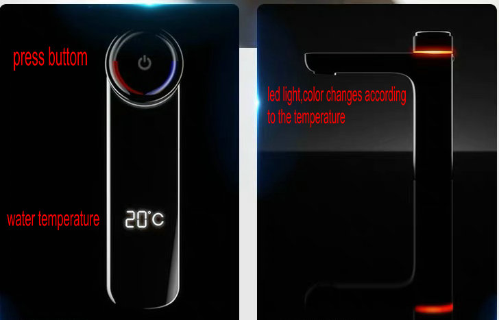 새로운 디자인 지능형 스타일 배터리 led 빛 온도 디스플레이 황동 욕실 수도꼭지 분지 믹서