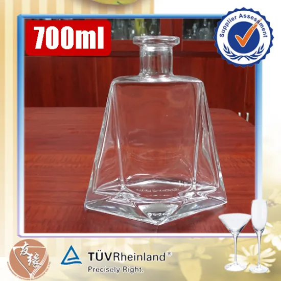new stylish brand name high end quality spirit super transparent glass bottle cork lid for wholesale