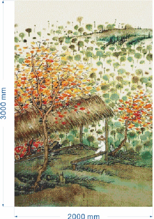 Mural de paisaje hermoso del otoño del pueblo de montaña del mosaico de vidrio