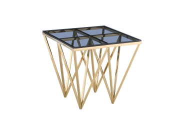 Golden Geometric End Table with Smoked Grey Glass