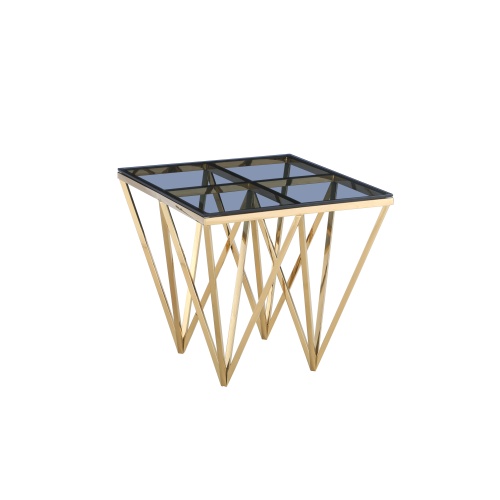 Mesa auxiliar geométrica dorada con cristal gris ahumado