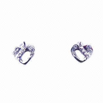 Fashion heart stud earrings, made of brass and cubic zirconia