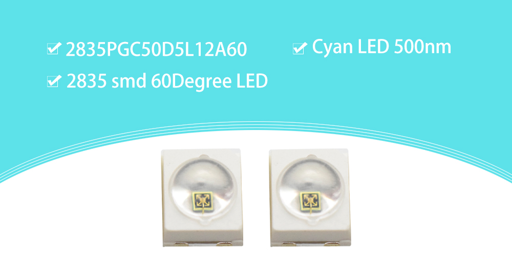 2835PGC50D5L12A60 500nm LED Single Colour Dome Lens SMD 60-Degree