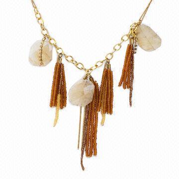 Tassel charm necklaces, made of stones and plastic beads, available in various sizes/colors