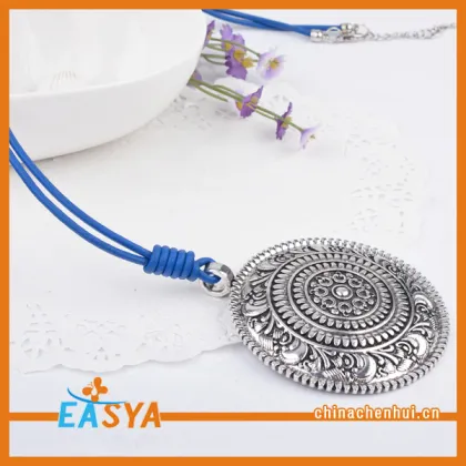 Silver Coin Necklace Blue Chain Coin Pendant Holder Necklace