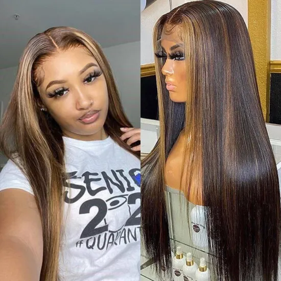 Piano 30 Inch Long Straight Brown 13X4 Transparent Lace Highlighted Human Hair Wigs 10a Highlight Body Wave Hair Full Wig